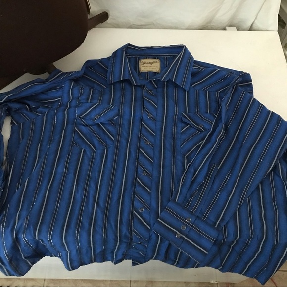 Wrangler Western Premium Snap Button Shirt Size 2XL Blue and Silver Stripes EUC - Picture 13 of 14